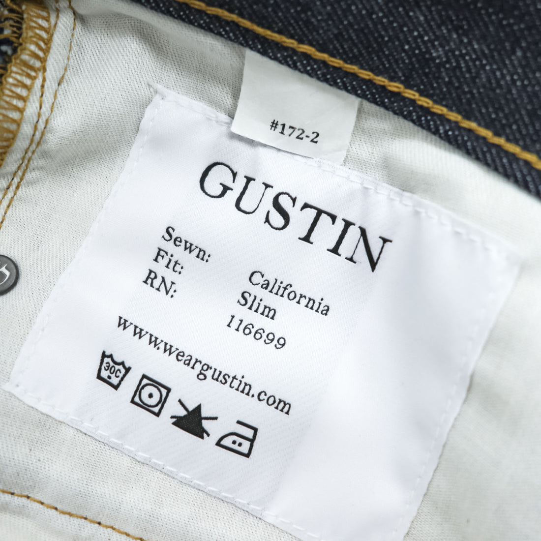 GUSTIN California Slim Raw Indigo Selvedge Denim Jeans Leather Patch Button Fly W34 (Measured W82cm L116cm)