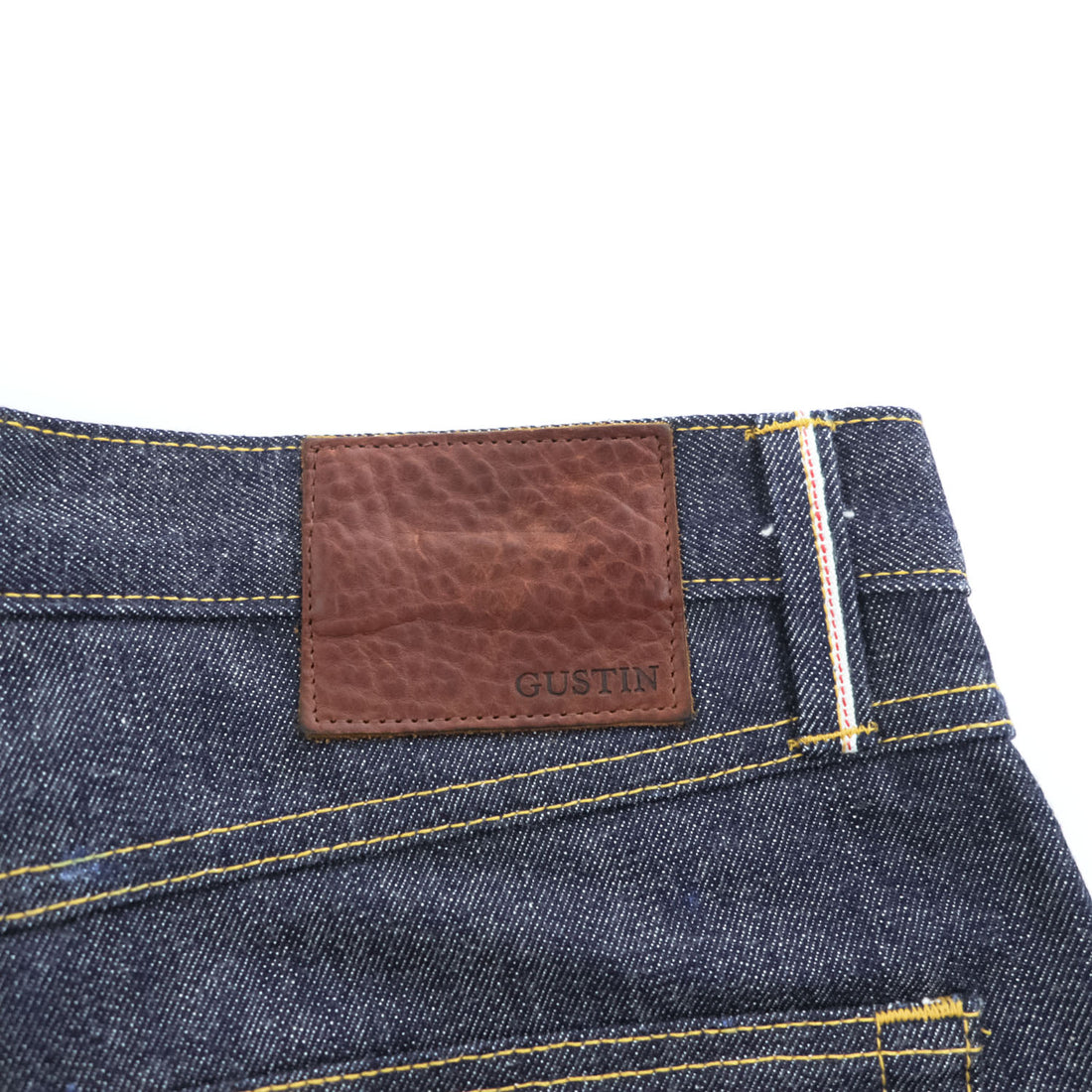 GUSTIN California Slim Raw Indigo Selvedge Denim Jeans Leather Patch Button Fly W34 (Measured W82cm L116cm)