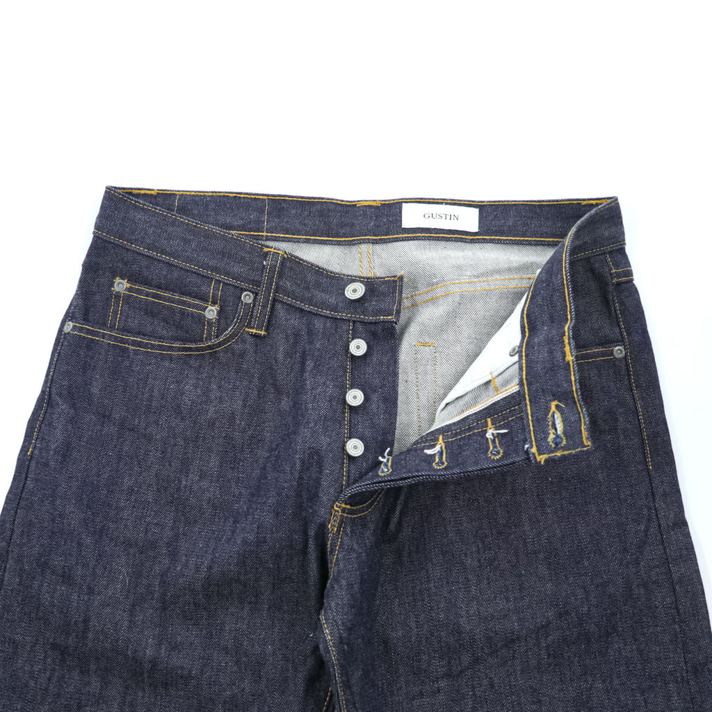 GUSTIN California Slim Raw Indigo Selvedge Denim Jeans Leather Patch Button Fly W34 (Measured W82cm L116cm)