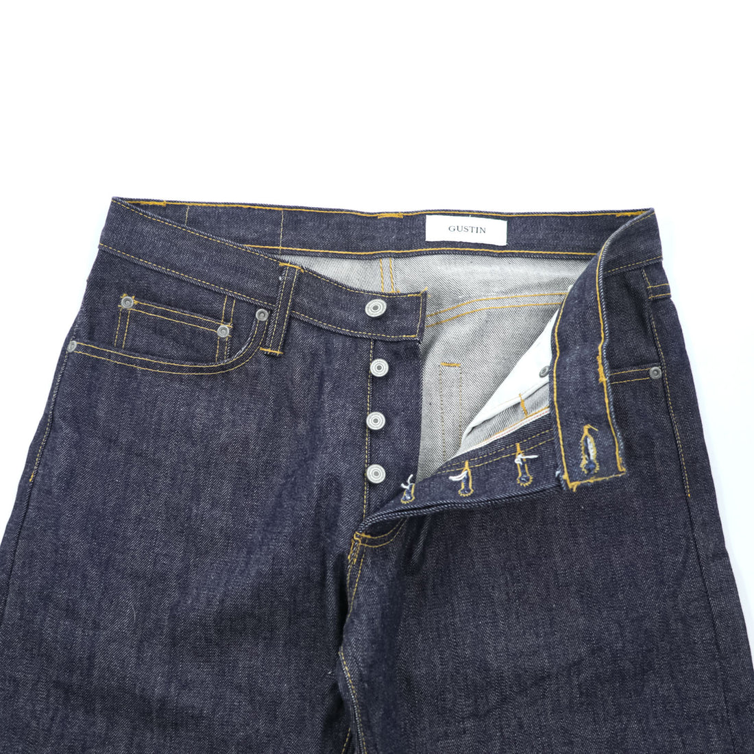 GUSTIN California Slim Raw Indigo Selvedge Denim Jeans Leather Patch Button Fly W34 (Measured W82cm L116cm)