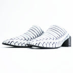 MM6 Maison Margiela PRINTED LEATHER MULES Mule Block Heel White with Navy Line Pattern Leather Insole Made in Italy EU35 (JP22.5cm)