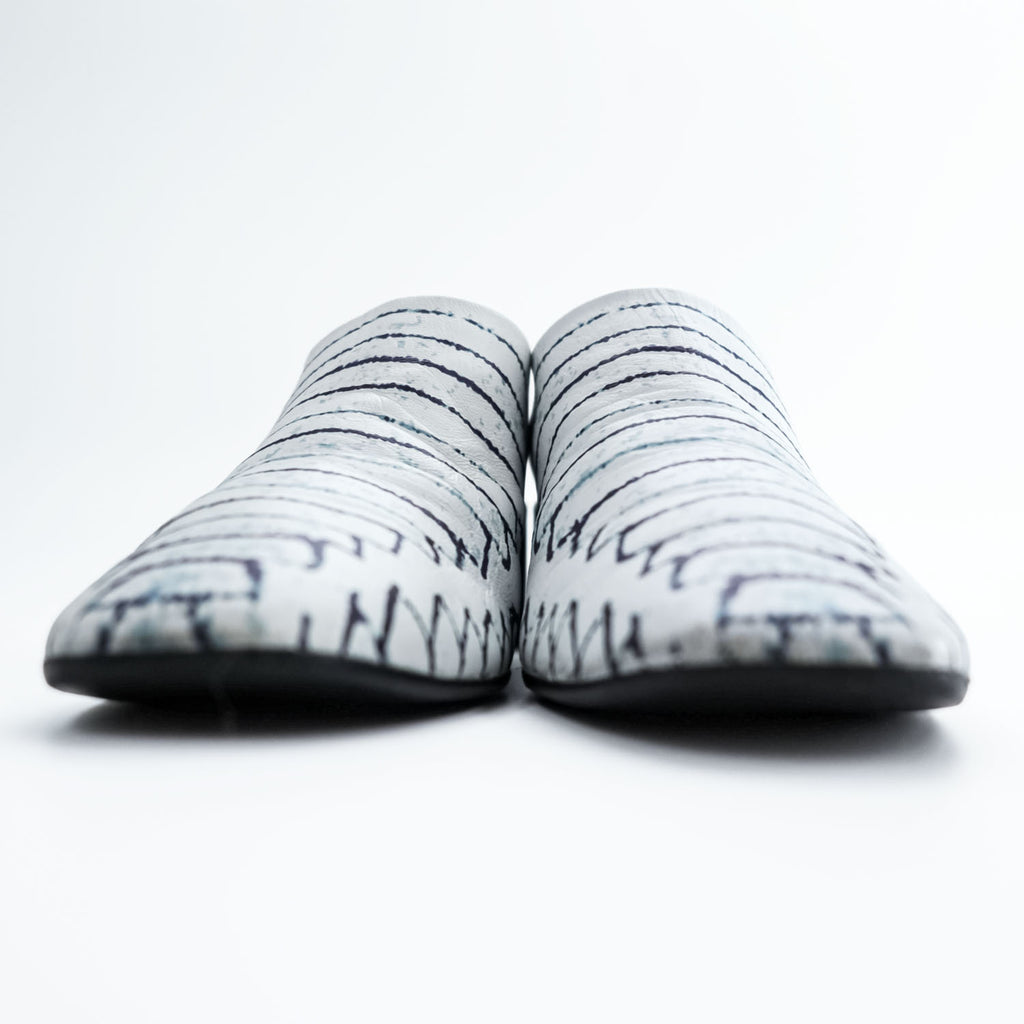 MM6 Maison Margiela PRINTED LEATHER MULES Mule Block Heel White with Navy Line Pattern Leather Insole Made in Italy EU35 (JP22.5cm)