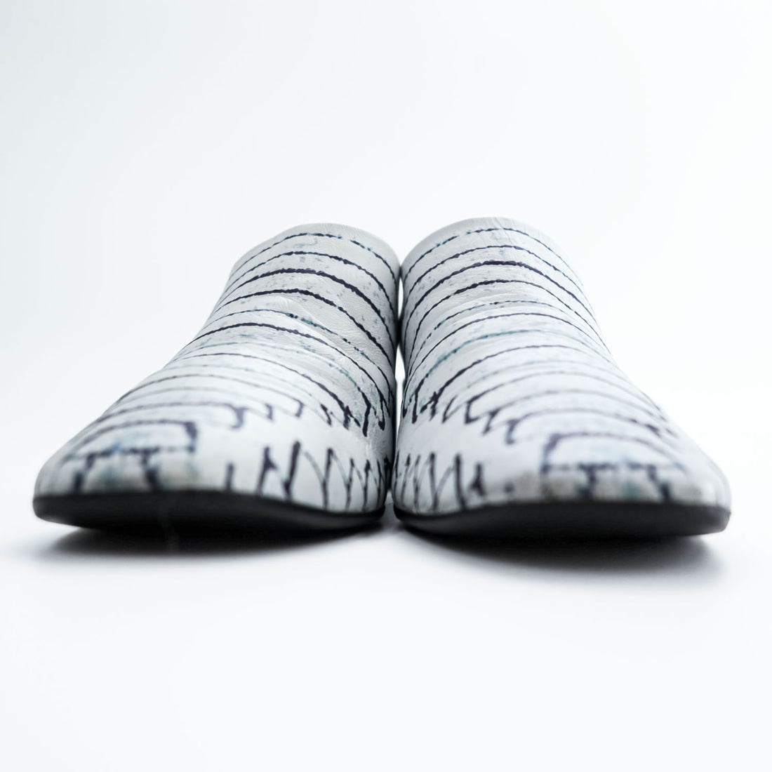 MM6 Maison Margiela PRINTED LEATHER MULES Mule Block Heel White with Navy Line Pattern Leather Insole Made in Italy EU35 (JP22.5cm)