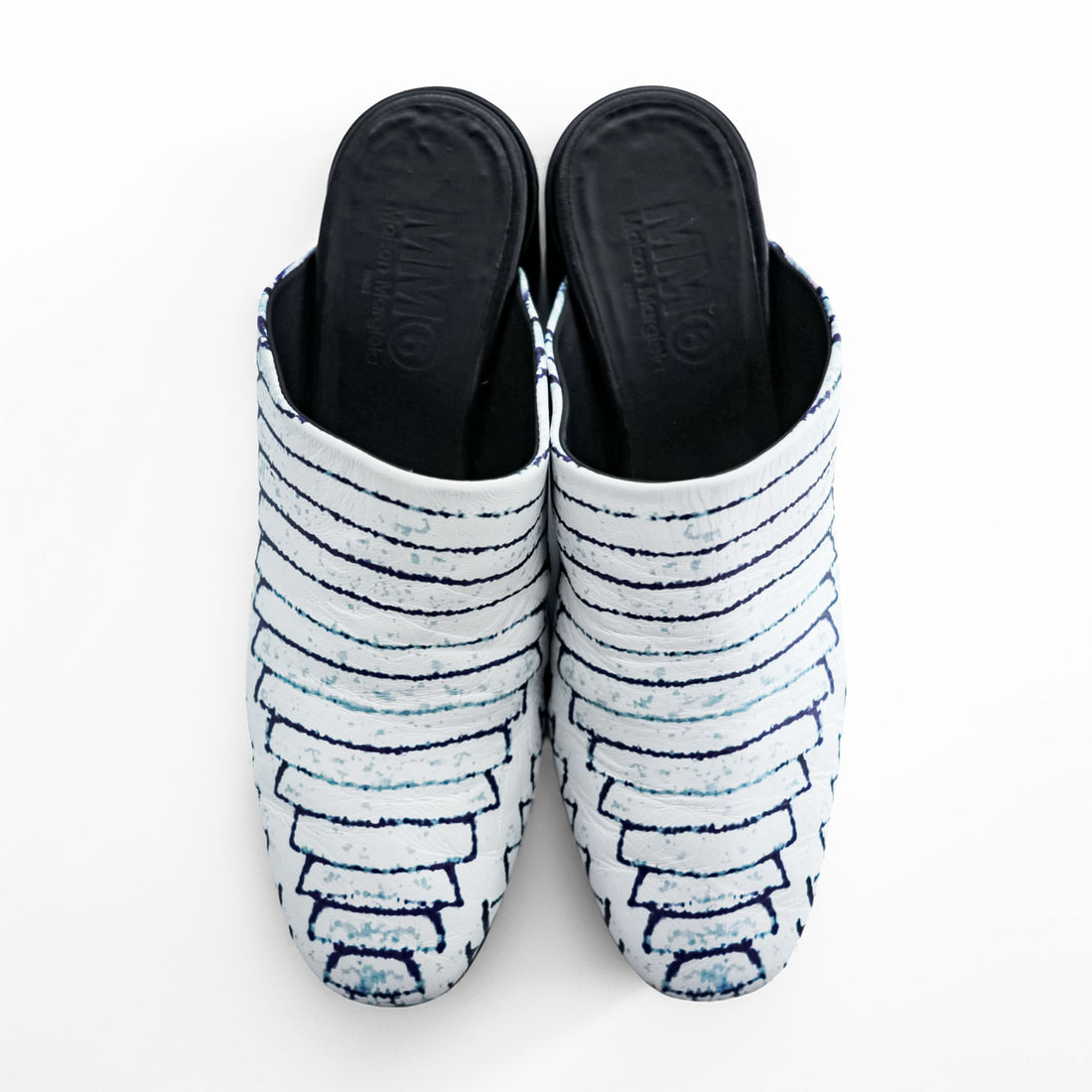 MM6 Maison Margiela PRINTED LEATHER MULES Mule Block Heel White with Navy Line Pattern Leather Insole Made in Italy EU35 (JP22.5cm)