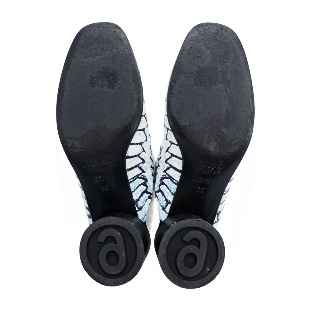 MM6 Maison Margiela PRINTED LEATHER MULES Mule Block Heel White with Navy Line Pattern Leather Insole Made in Italy EU35 (JP22.5cm)