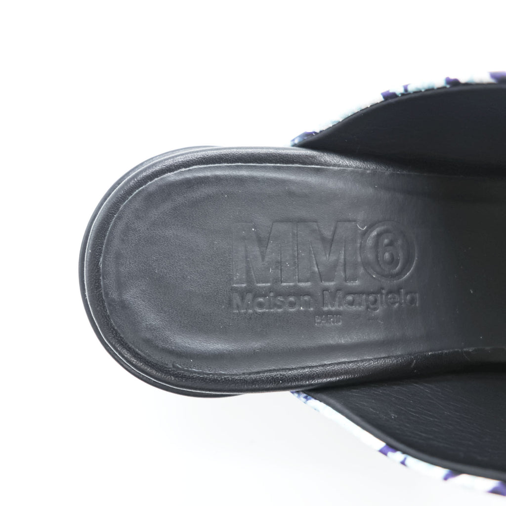 MM6 Maison Margiela PRINTED LEATHER MULES Mule Block Heel White with Navy Line Pattern Leather Insole Made in Italy EU35 (JP22.5cm)