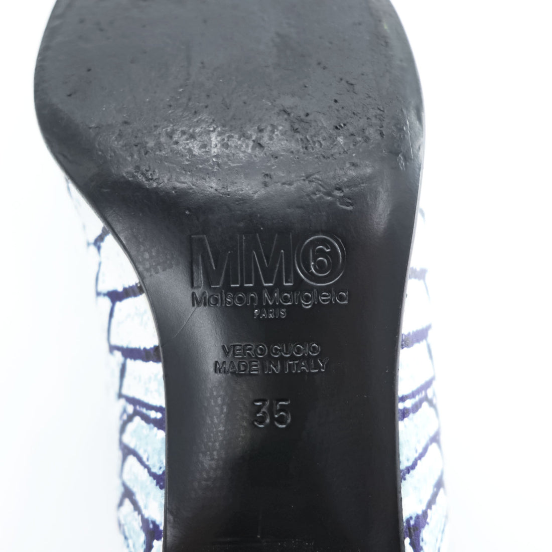 MM6 Maison Margiela PRINTED LEATHER MULES Mule Block Heel White with Navy Line Pattern Leather Insole Made in Italy EU35 (JP22.5cm)