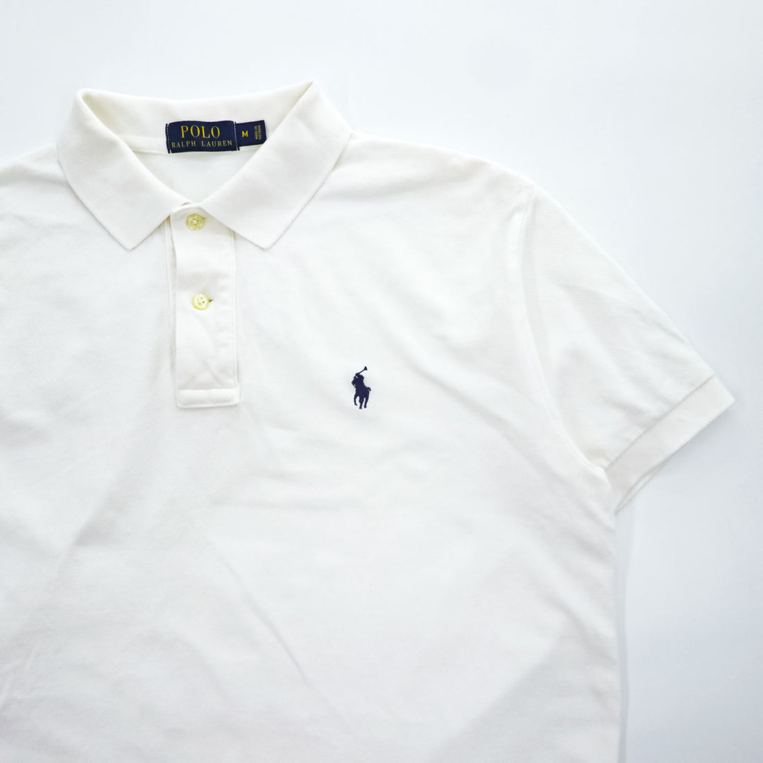 Polo Ralph Lauren Men's White Cotton Polo Shirt Navy Pony Embroidery M (flat chest 54cm) Side Slit