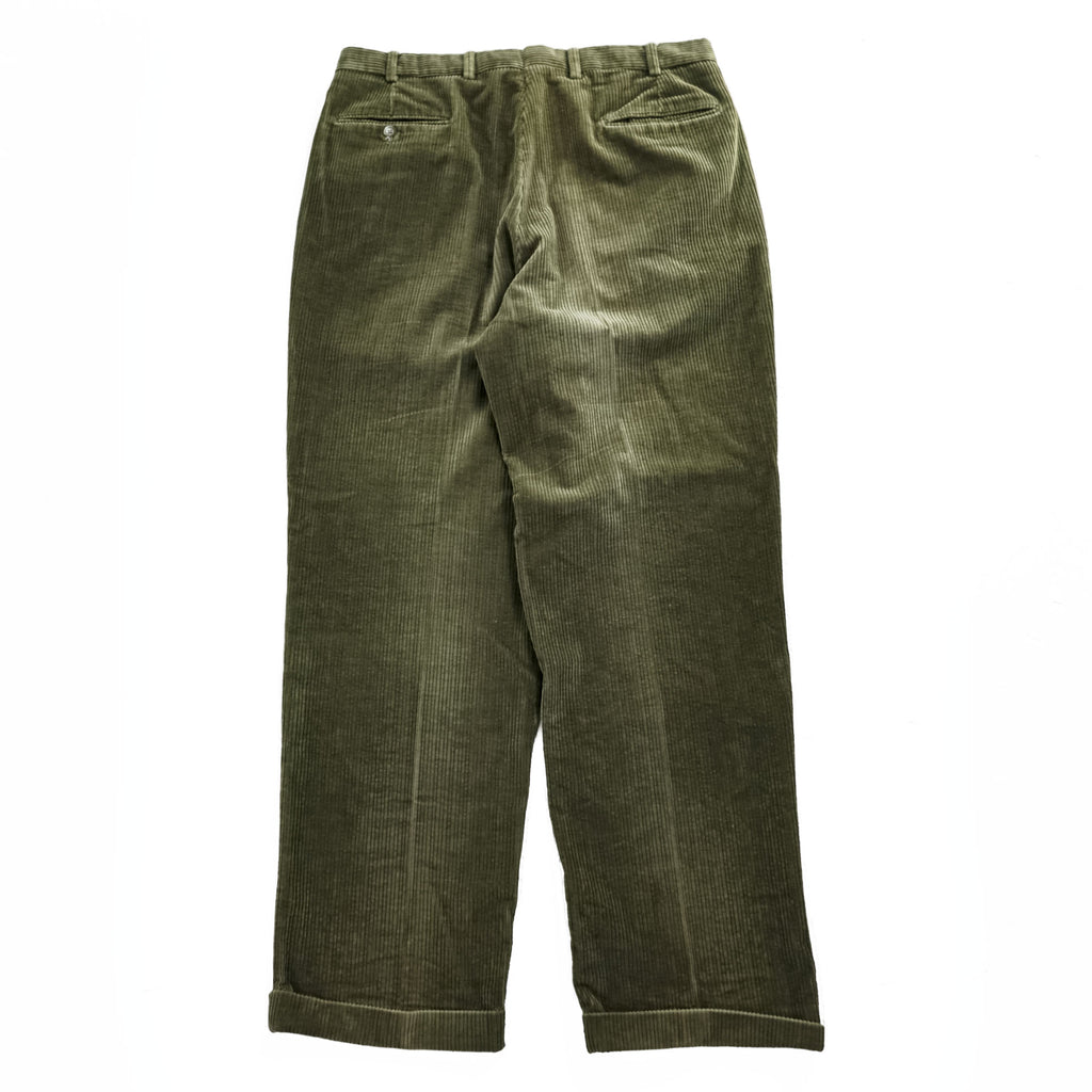 Brooks Brothers 90s Vintage Corduroy Pleated Pants Olive/Khaki 100% Cotton US-Made Size 36 (≈88cm Waist) Cuffed Relaxed Tapered