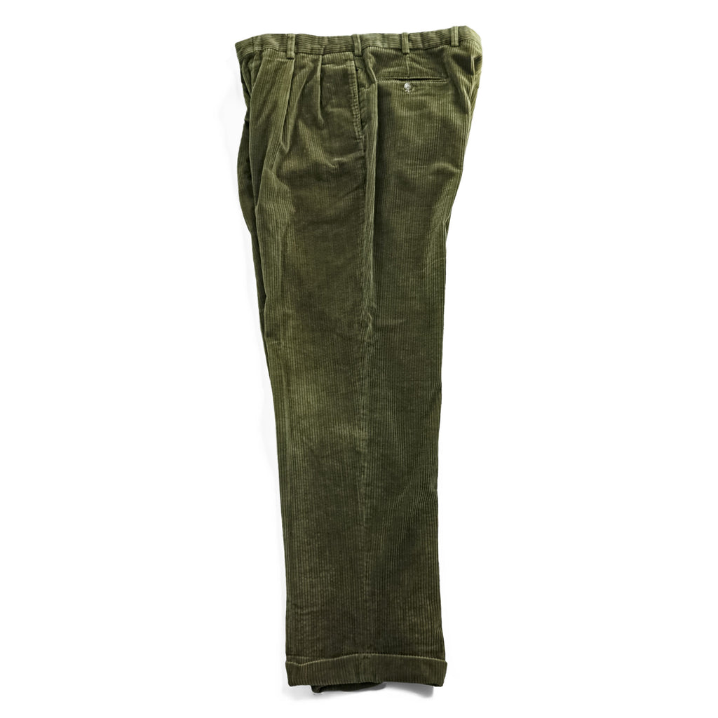 Brooks Brothers 90s Vintage Corduroy Pleated Pants Olive/Khaki 100% Cotton US-Made Size 36 (≈88cm Waist) Cuffed Relaxed Tapered