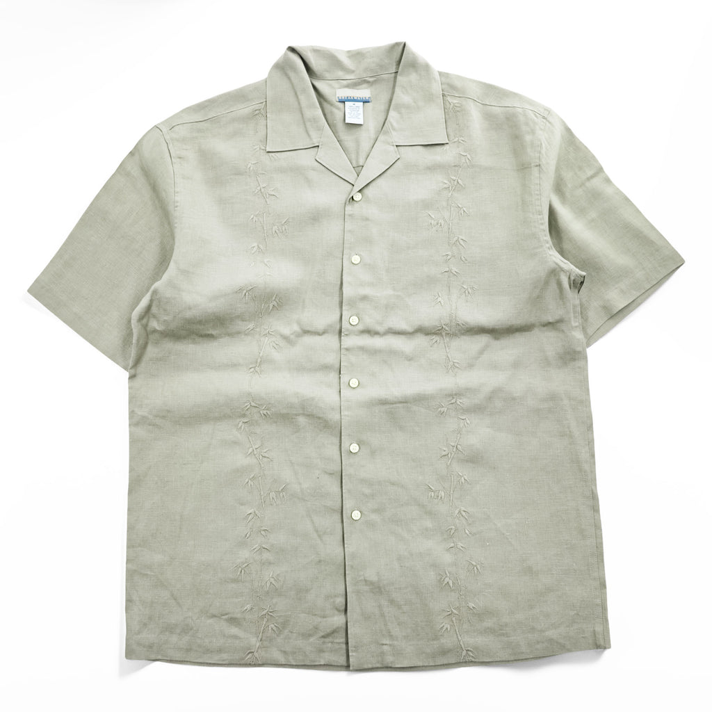 Breakwater 100% Linen Short Sleeve Camp Collar Shirt Sage Green Embroidered Bamboo Pattern M