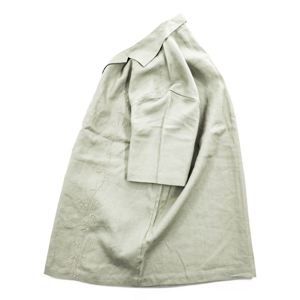 Breakwater 100% Linen Short Sleeve Camp Collar Shirt Sage Green Embroidered Bamboo Pattern M