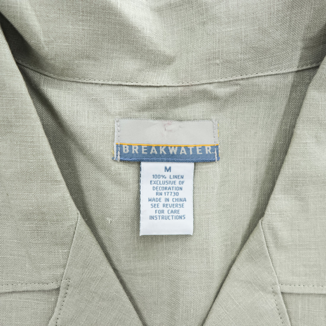 Breakwater 100% Linen Short Sleeve Camp Collar Shirt Sage Green Embroidered Bamboo Pattern M