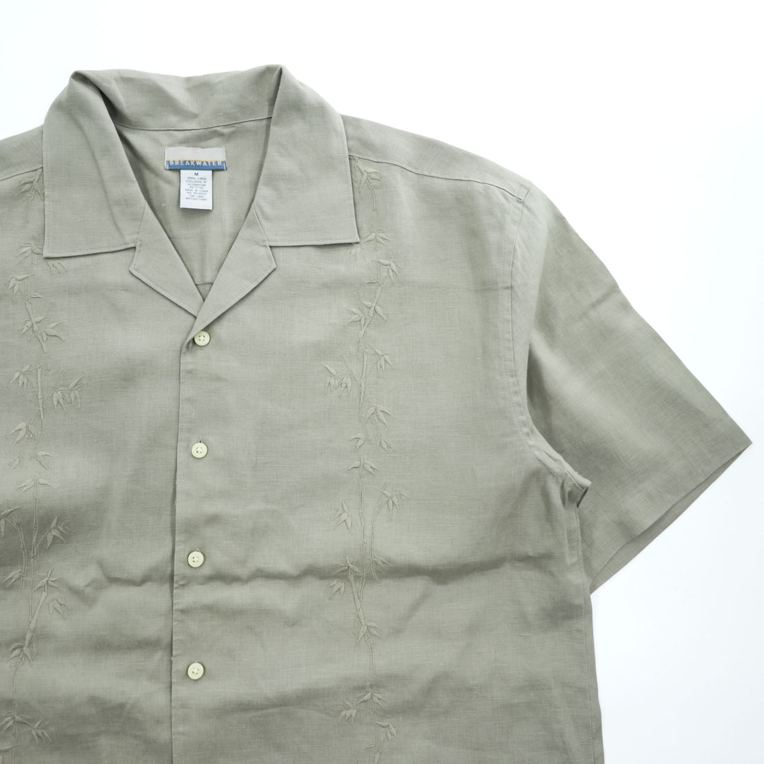 Breakwater 100% Linen Short Sleeve Camp Collar Shirt Sage Green Embroidered Bamboo Pattern M