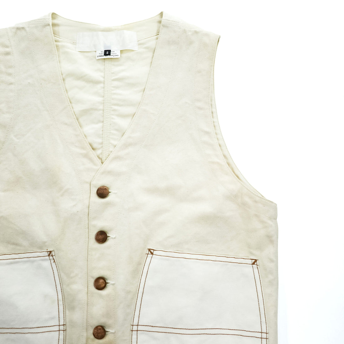 COMME des GARÇONS Ganryu Cotton Vest Off-White Patch Pockets Metal Buttons Back Adjuster Made in Japan S