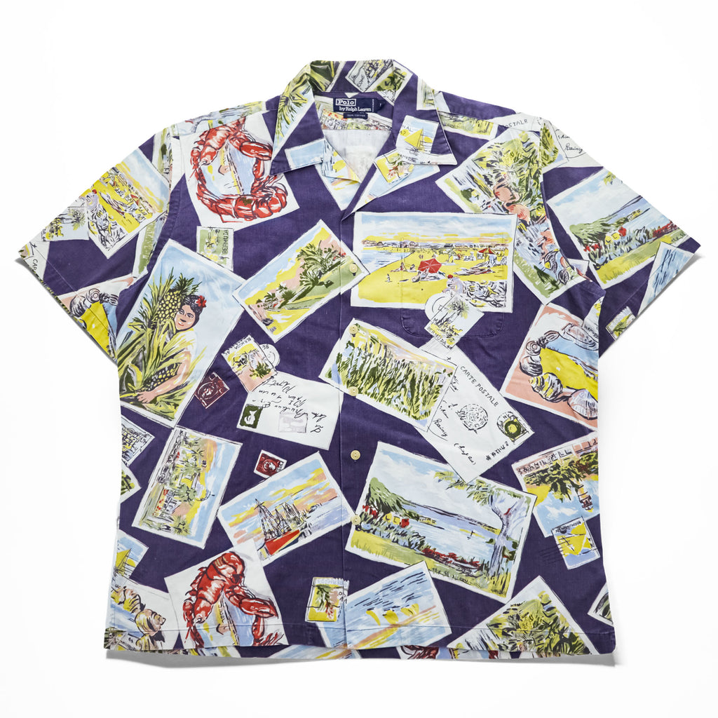 Polo by Ralph Lauren 90s VIntage Cotton Hawaiian/Camp Shirt Navy Multicolor Postcard Print Short Sleeve Pocket L (Chest 66cm)