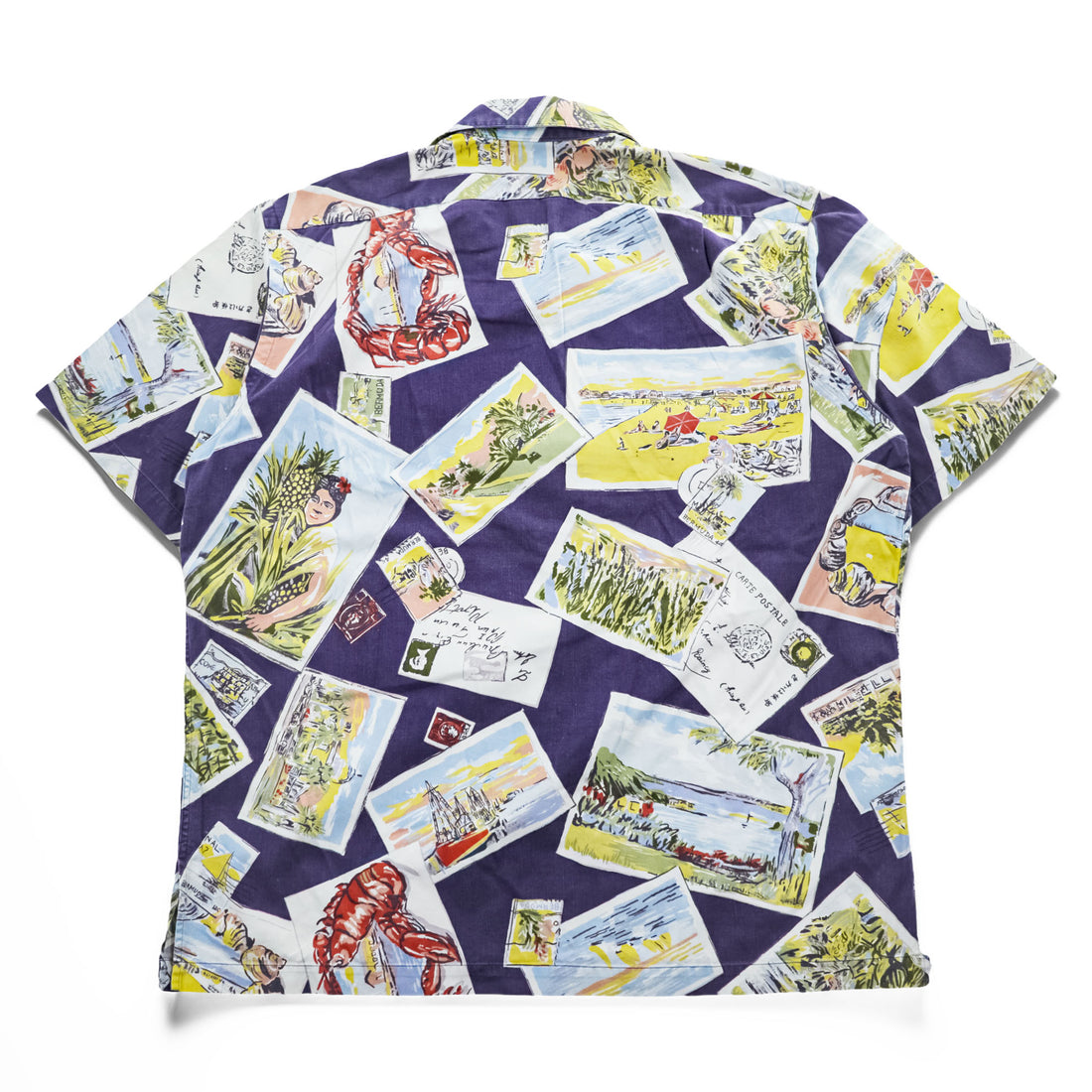 Polo by Ralph Lauren 90s VIntage Cotton Hawaiian/Camp Shirt Navy Multicolor Postcard Print Short Sleeve Pocket L (Chest 66cm)