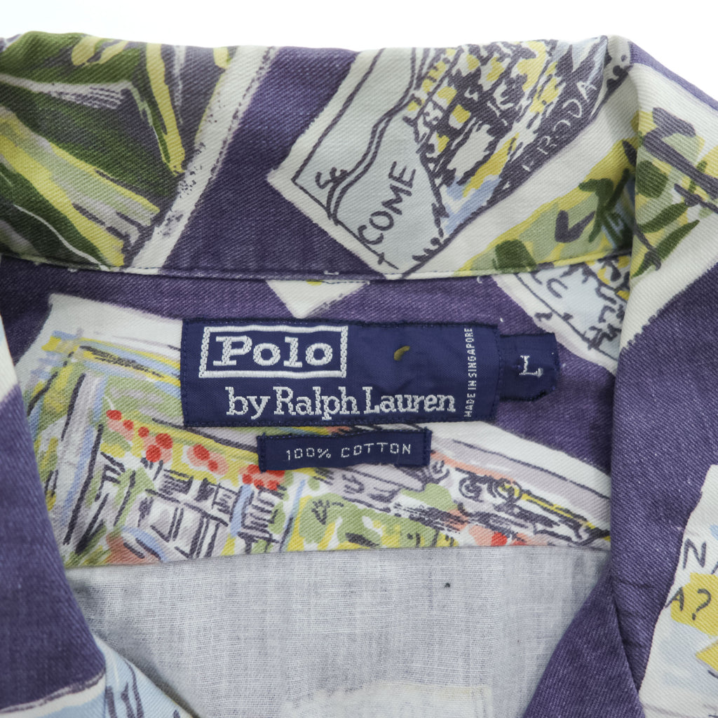 Polo by Ralph Lauren 90s VIntage Cotton Hawaiian/Camp Shirt Navy Multicolor Postcard Print Short Sleeve Pocket L (Chest 66cm)