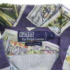 Polo by Ralph Lauren 90s VIntage Cotton Hawaiian/Camp Shirt Navy Multicolor Postcard Print Short Sleeve Pocket L (Chest 66cm)