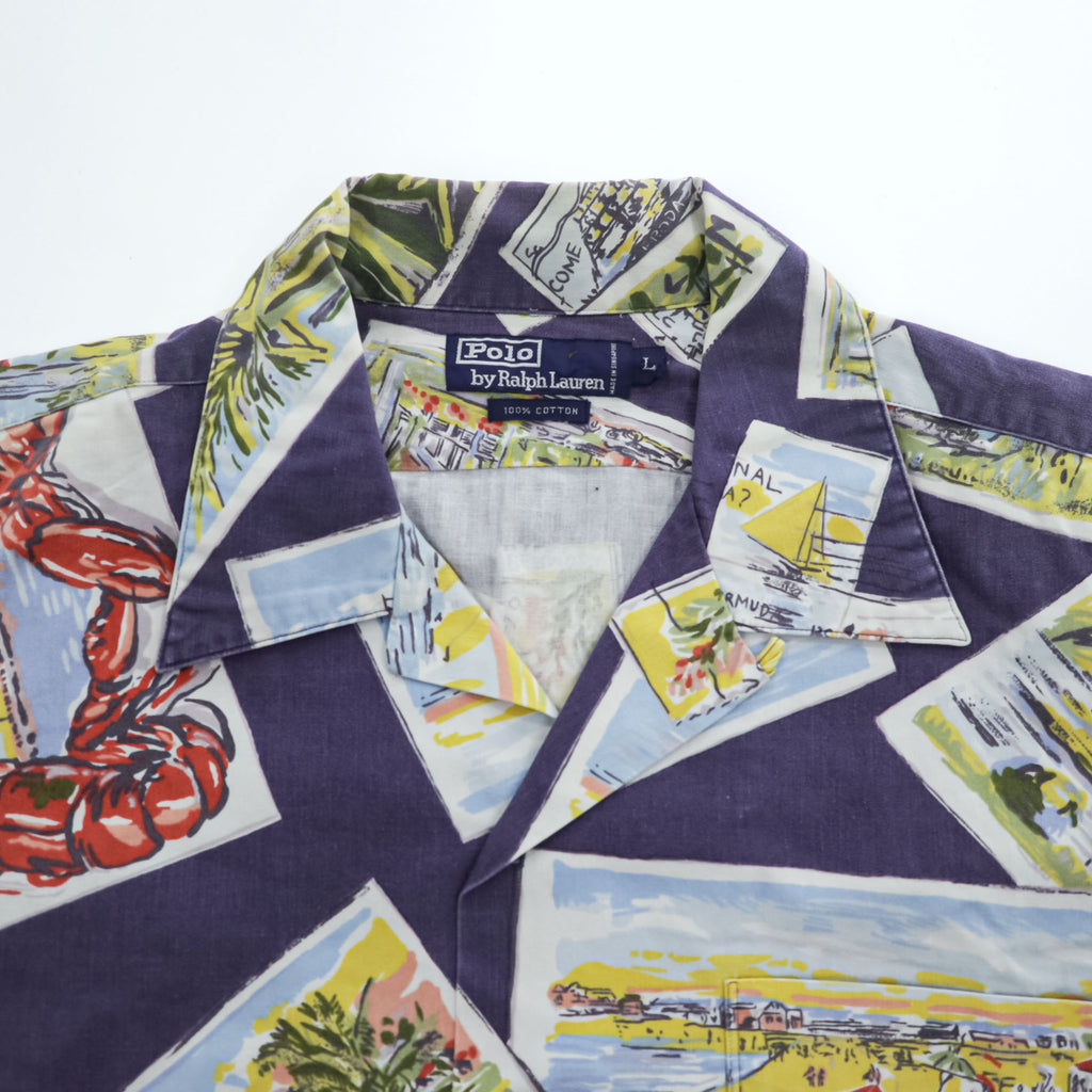 Polo by Ralph Lauren 90s VIntage Cotton Hawaiian/Camp Shirt Navy Multicolor Postcard Print Short Sleeve Pocket L (Chest 66cm)