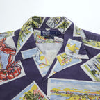Polo by Ralph Lauren 90s VIntage Cotton Hawaiian/Camp Shirt Navy Multicolor Postcard Print Short Sleeve Pocket L (Chest 66cm)