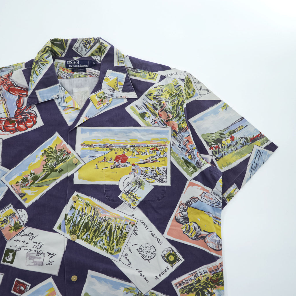 Polo by Ralph Lauren 90s VIntage Cotton Hawaiian/Camp Shirt Navy Multicolor Postcard Print Short Sleeve Pocket L (Chest 66cm)