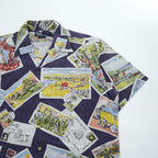 Polo by Ralph Lauren 90s VIntage Cotton Hawaiian/Camp Shirt Navy Multicolor Postcard Print Short Sleeve Pocket L (Chest 66cm)