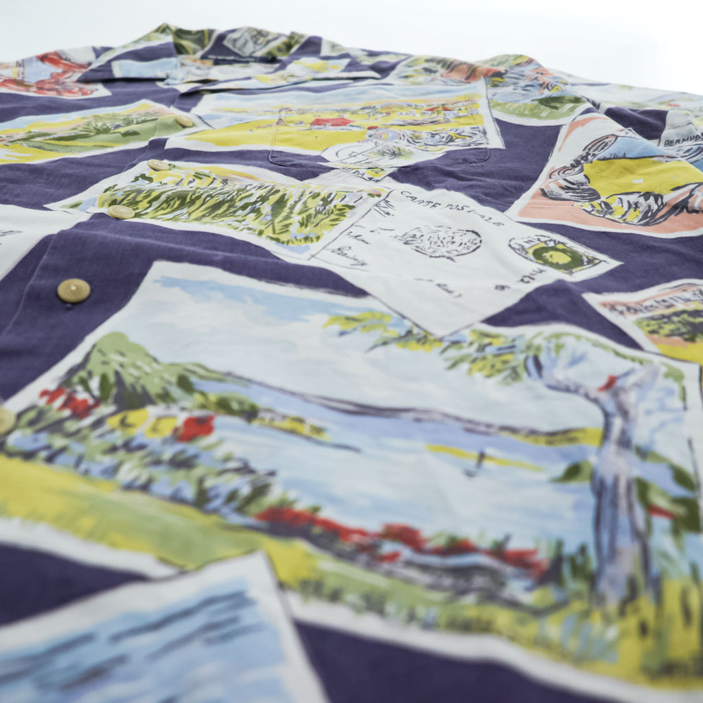 Polo by Ralph Lauren 90s VIntage Cotton Hawaiian/Camp Shirt Navy Multicolor Postcard Print Short Sleeve Pocket L (Chest 66cm)