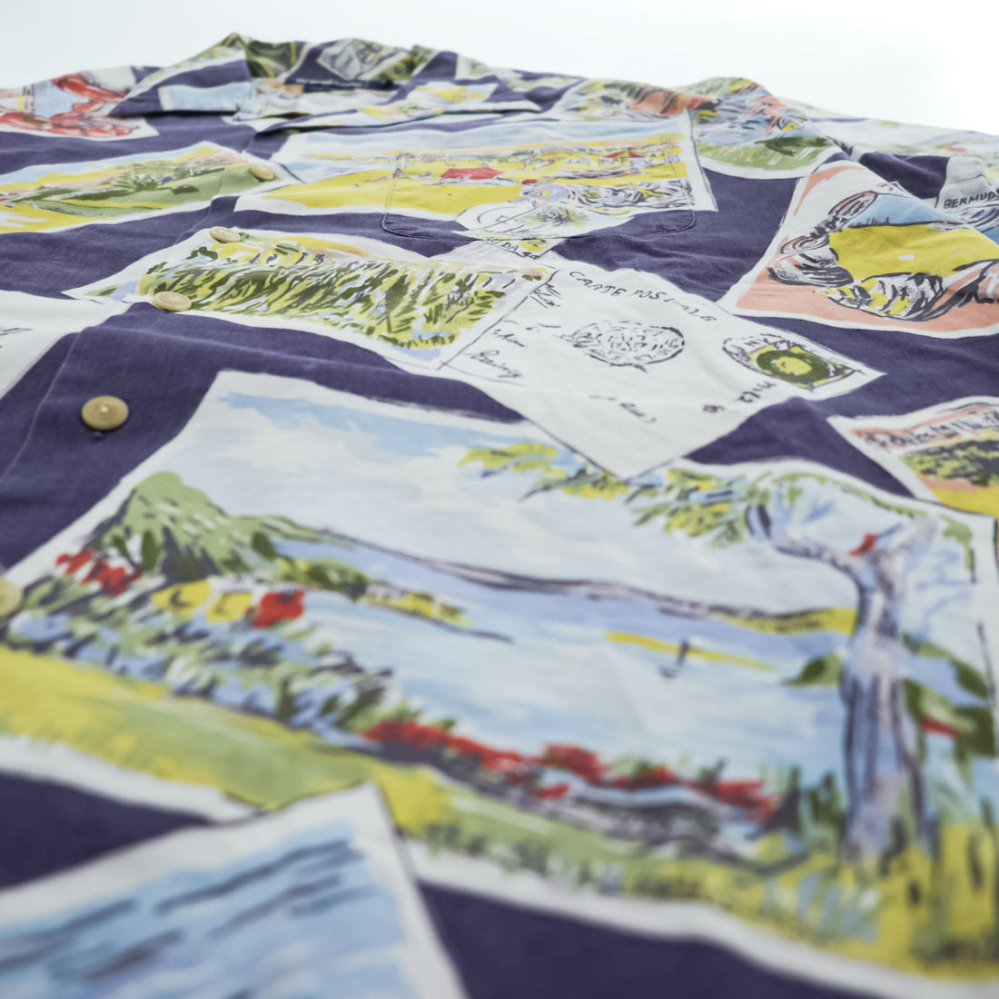 Polo by Ralph Lauren 90s VIntage Cotton Hawaiian/Camp Shirt Navy Multicolor Postcard Print Short Sleeve Pocket L (Chest 66cm)