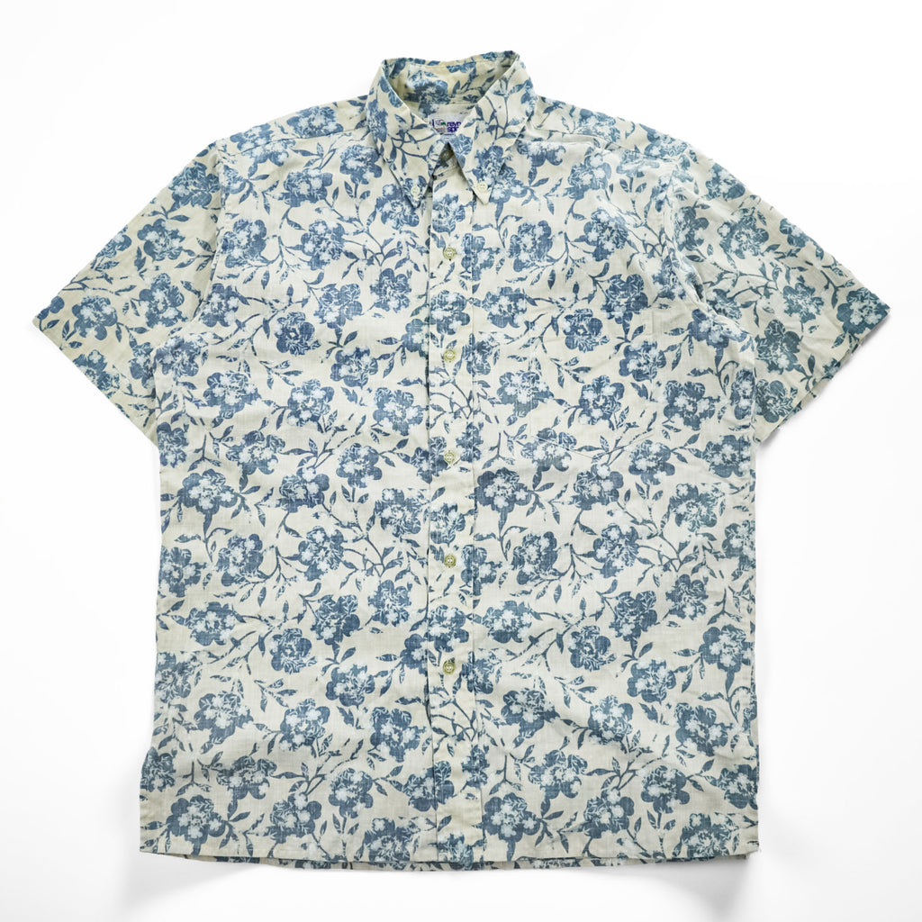 Reyn Spooner 90s Vintage Hawaiian Aloha Shirt Button-Down Short Sleeve Floral Beige/Blue Cotton-Poly 60/40 Size S (Japan L)
