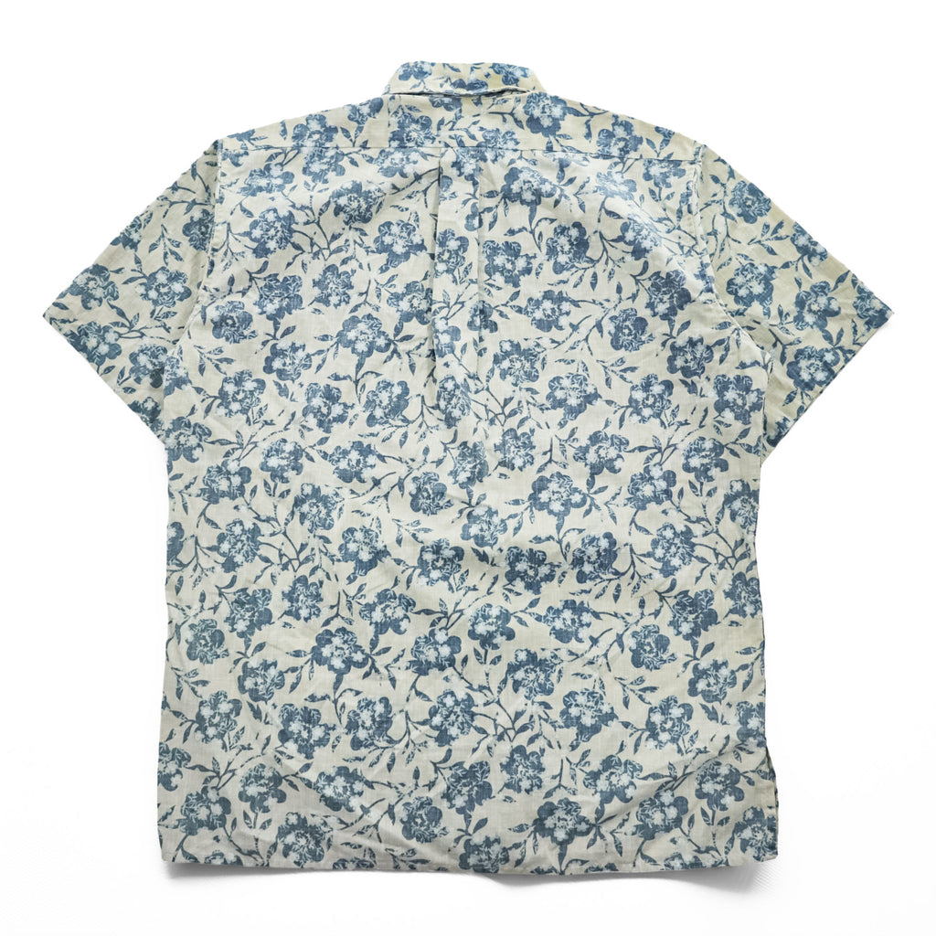 Reyn Spooner 90s Vintage Hawaiian Aloha Shirt Button-Down Short Sleeve Floral Beige/Blue Cotton-Poly 60/40 Size S (Japan L)