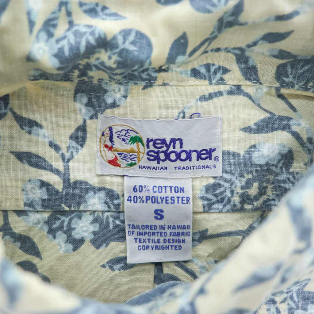 Reyn Spooner 90s Vintage Hawaiian Aloha Shirt Button-Down Short Sleeve Floral Beige/Blue Cotton-Poly 60/40 Size S (Japan L)