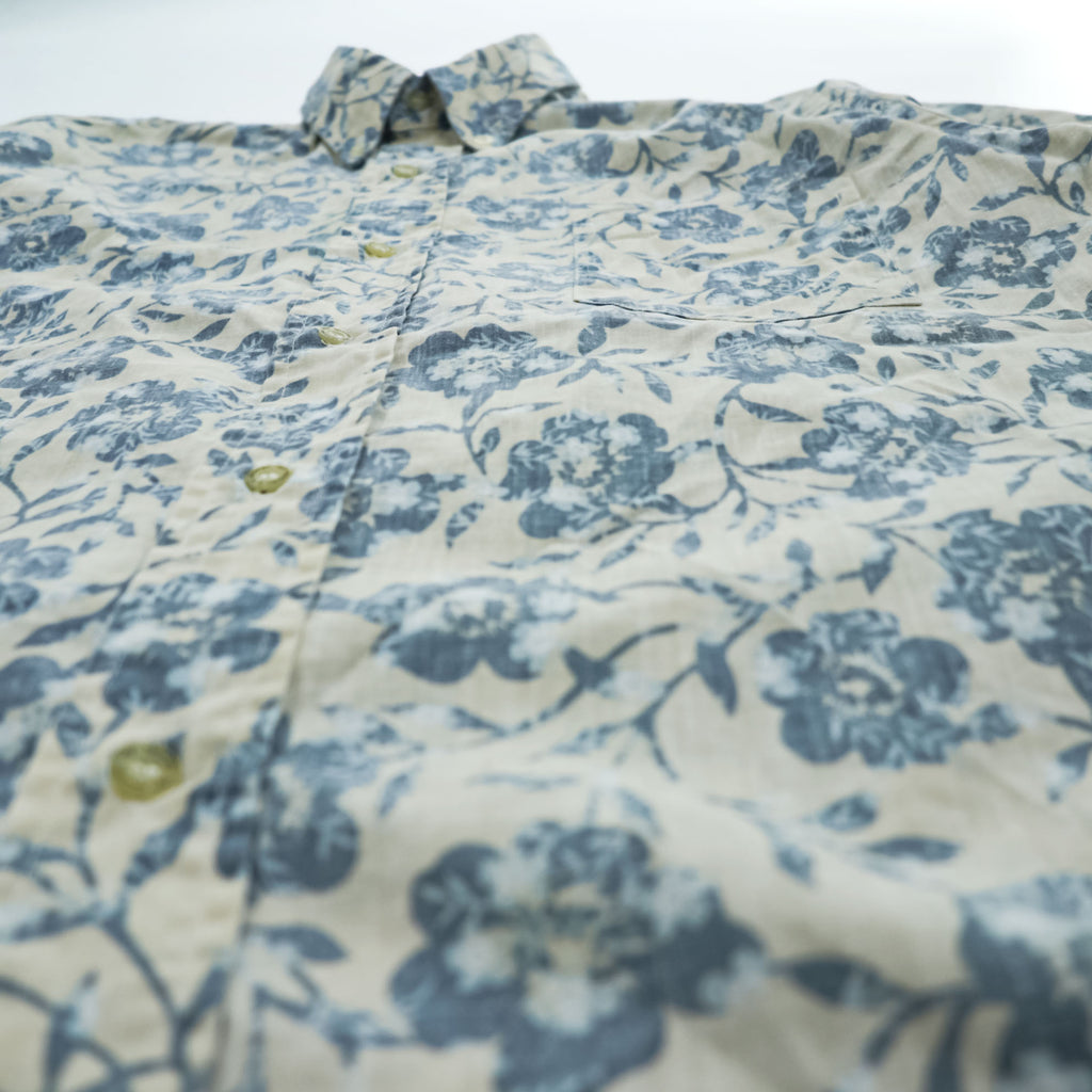 Reyn Spooner 90s Vintage Hawaiian Aloha Shirt Button-Down Short Sleeve Floral Beige/Blue Cotton-Poly 60/40 Size S (Japan L)