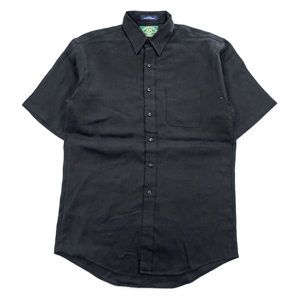 Louisiana Lodge 100% Linen Black Short Sleeve Button-Up Shirt Chest Pocket Curved Hem M (fits L)