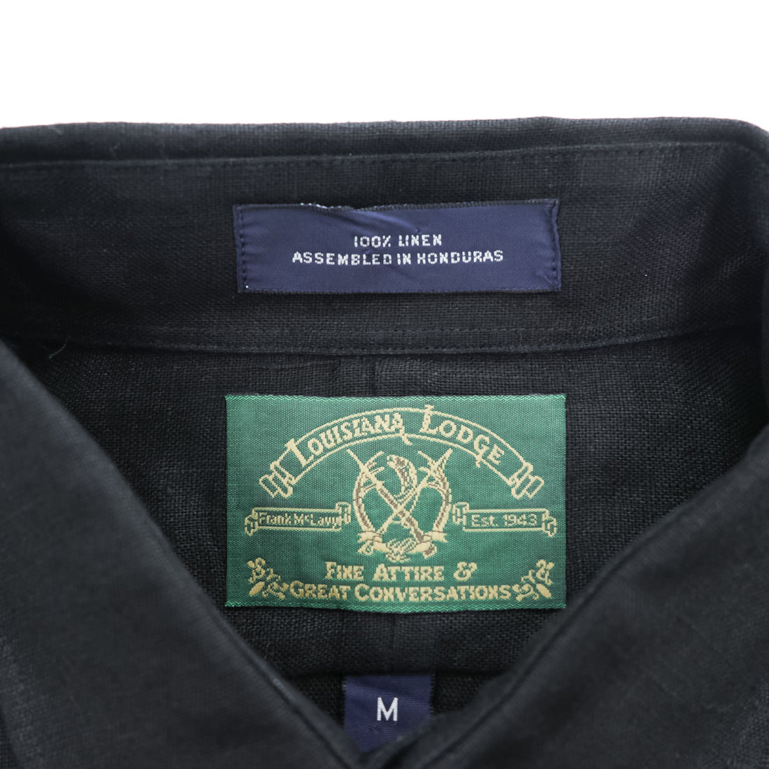 Louisiana Lodge 100% Linen Black Short Sleeve Button-Up Shirt Chest Pocket Curved Hem M (fits L)