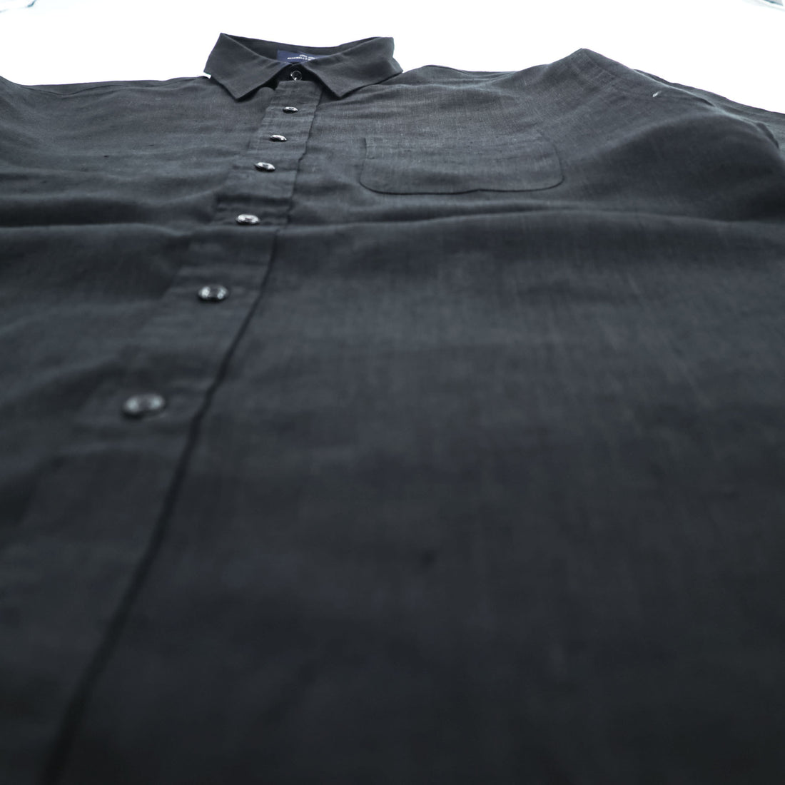 Louisiana Lodge 100% Linen Black Short Sleeve Button-Up Shirt Chest Pocket Curved Hem M (fits L)