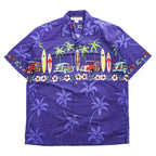 Blue Hawaii ハワイ製 アロハシャツ 半袖 オープンカラーシャツ L ネイビー 総柄 クラシックカー サーフボード 開襟