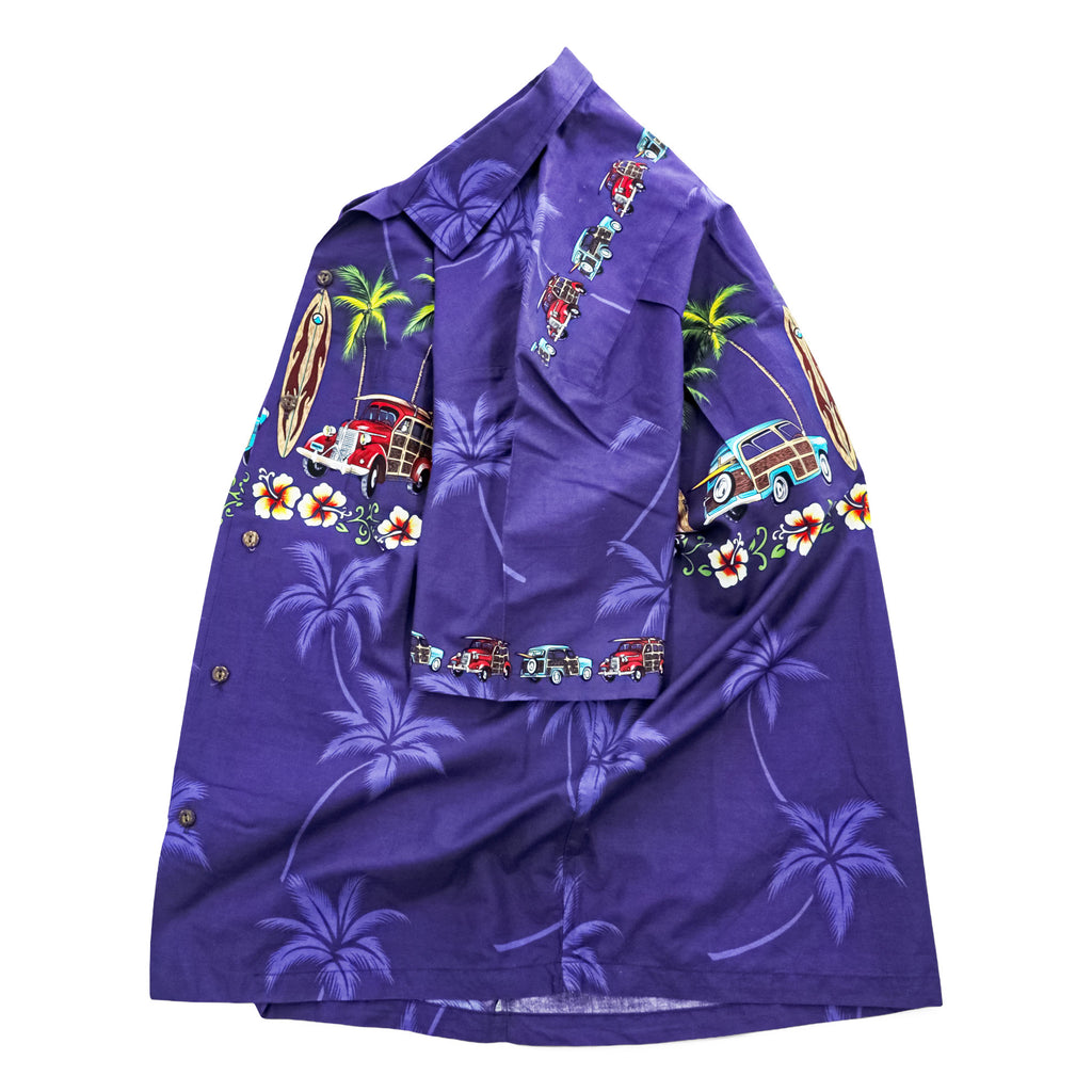 Blue Hawaii ハワイ製 アロハシャツ 半袖 オープンカラーシャツ L ネイビー 総柄 クラシックカー サーフボード 開襟