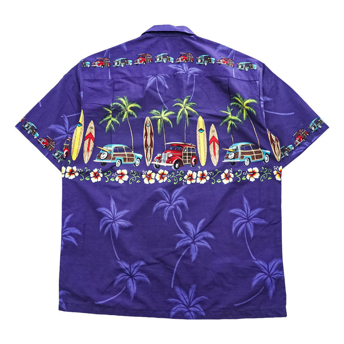 Blue Hawaii ハワイ製 アロハシャツ 半袖 オープンカラーシャツ L ネイビー 総柄 クラシックカー サーフボード 開襟
