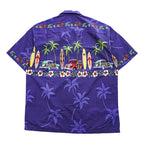 Blue Hawaii ハワイ製 アロハシャツ 半袖 オープンカラーシャツ L ネイビー 総柄 クラシックカー サーフボード 開襟