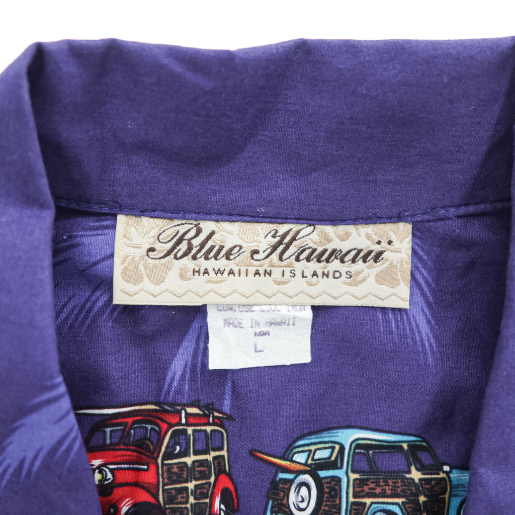 Blue Hawaii ハワイ製 アロハシャツ 半袖 オープンカラーシャツ L ネイビー 総柄 クラシックカー サーフボード 開襟