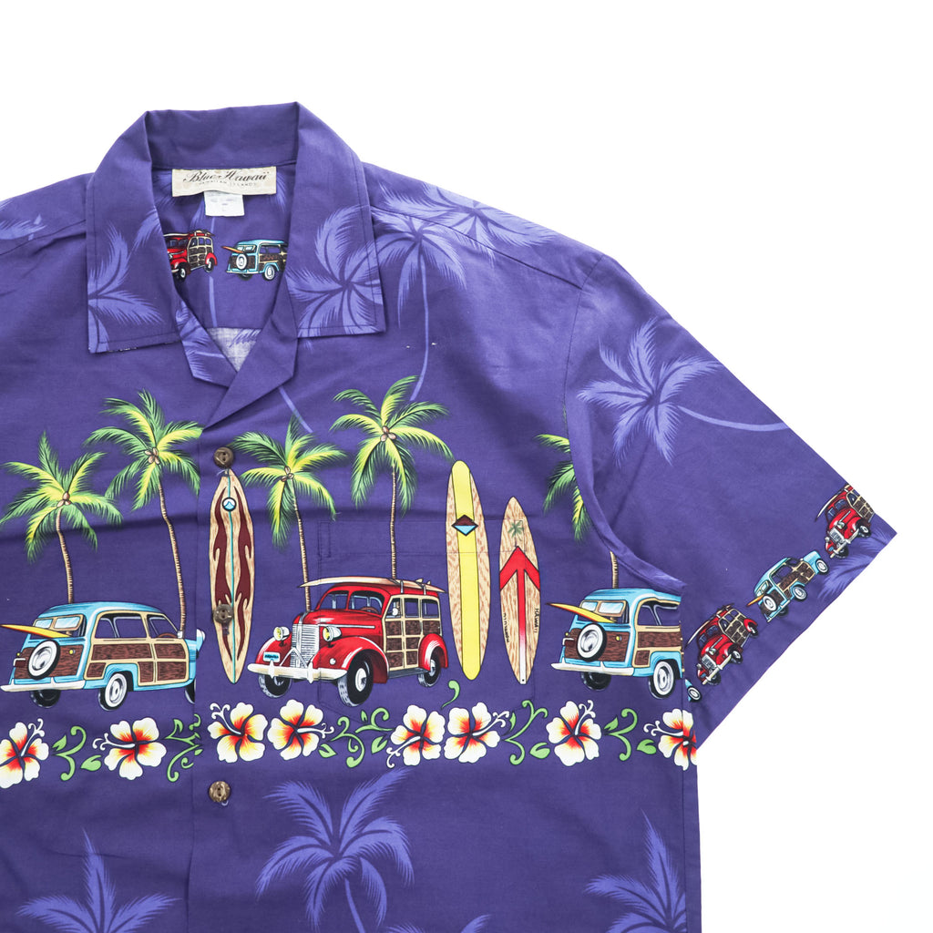 Blue Hawaii ハワイ製 アロハシャツ 半袖 オープンカラーシャツ L ネイビー 総柄 クラシックカー サーフボード 開襟