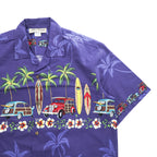 Blue Hawaii ハワイ製 アロハシャツ 半袖 オープンカラーシャツ L ネイビー 総柄 クラシックカー サーフボード 開襟