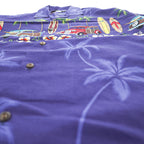 Blue Hawaii ハワイ製 アロハシャツ 半袖 オープンカラーシャツ L ネイビー 総柄 クラシックカー サーフボード 開襟
