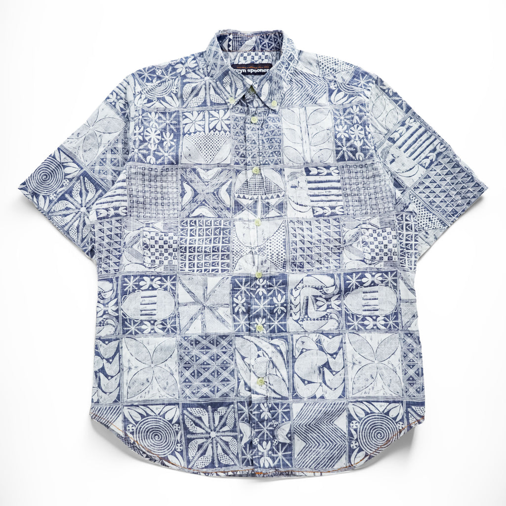 Reyn Spooner Short Sleeve Button-Down Hawaiian Aloha Shirt Patchwork Tile Print Blue/White 100% Cotton Size M
