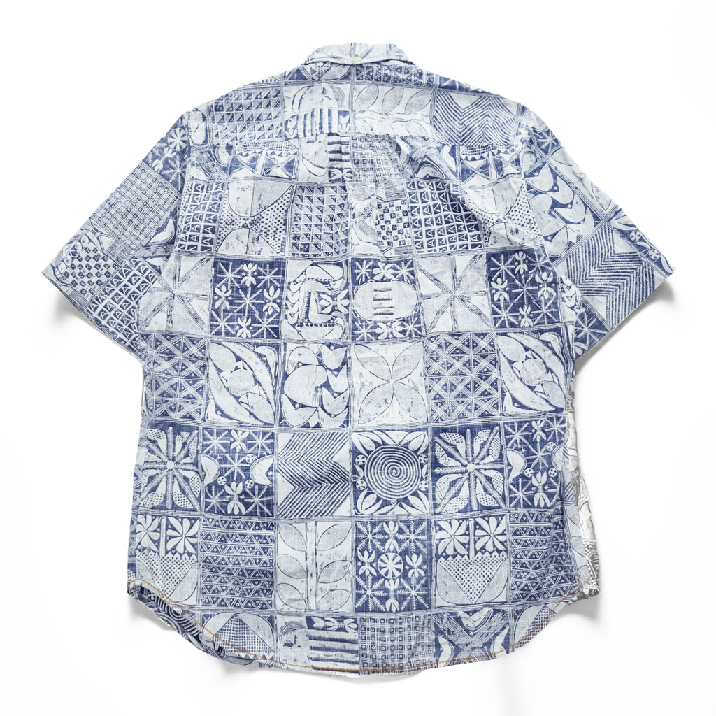 Reyn Spooner Short Sleeve Button-Down Hawaiian Aloha Shirt Patchwork Tile Print Blue/White 100% Cotton Size M