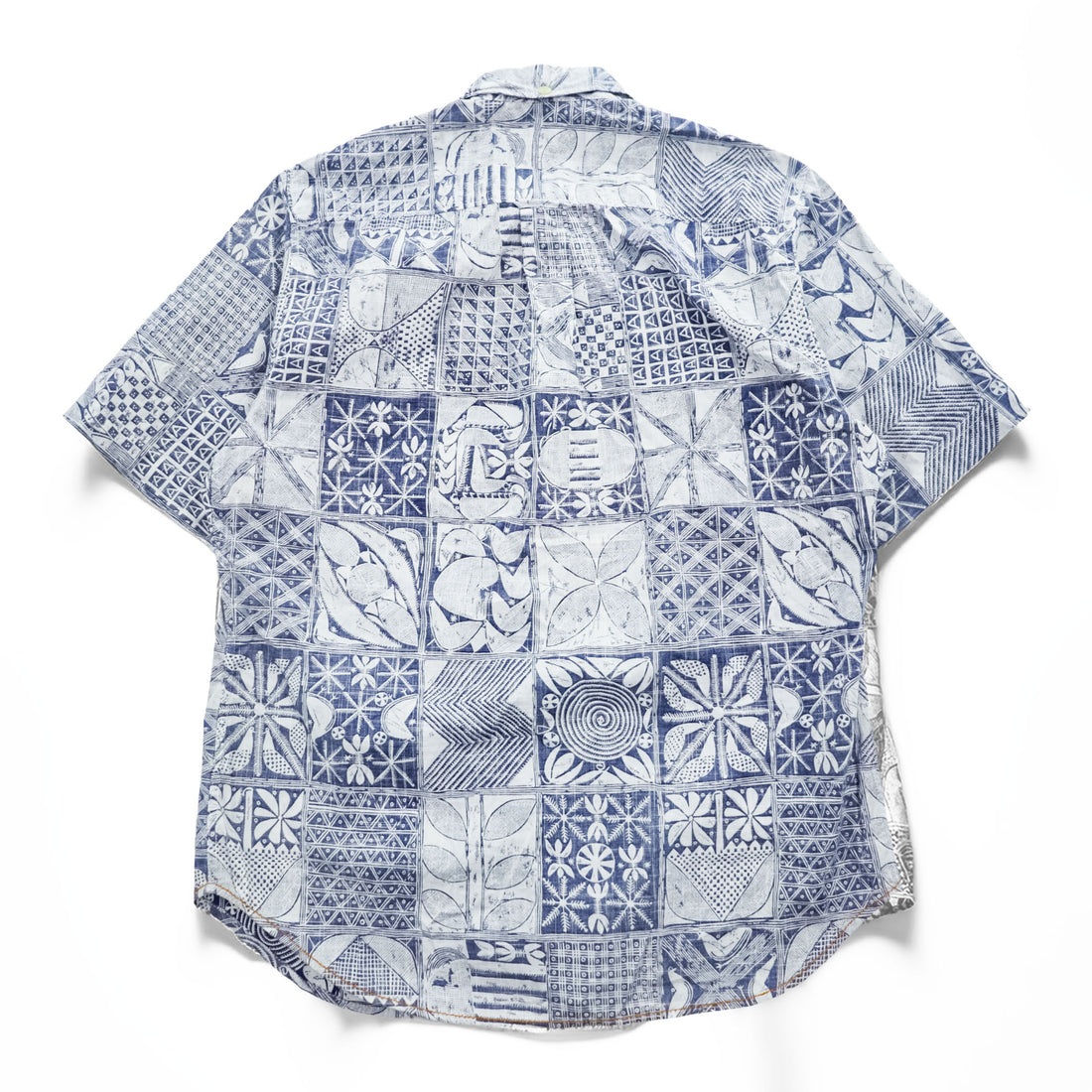 Reyn Spooner Short Sleeve Button-Down Hawaiian Aloha Shirt Patchwork Tile Print Blue/White 100% Cotton Size M