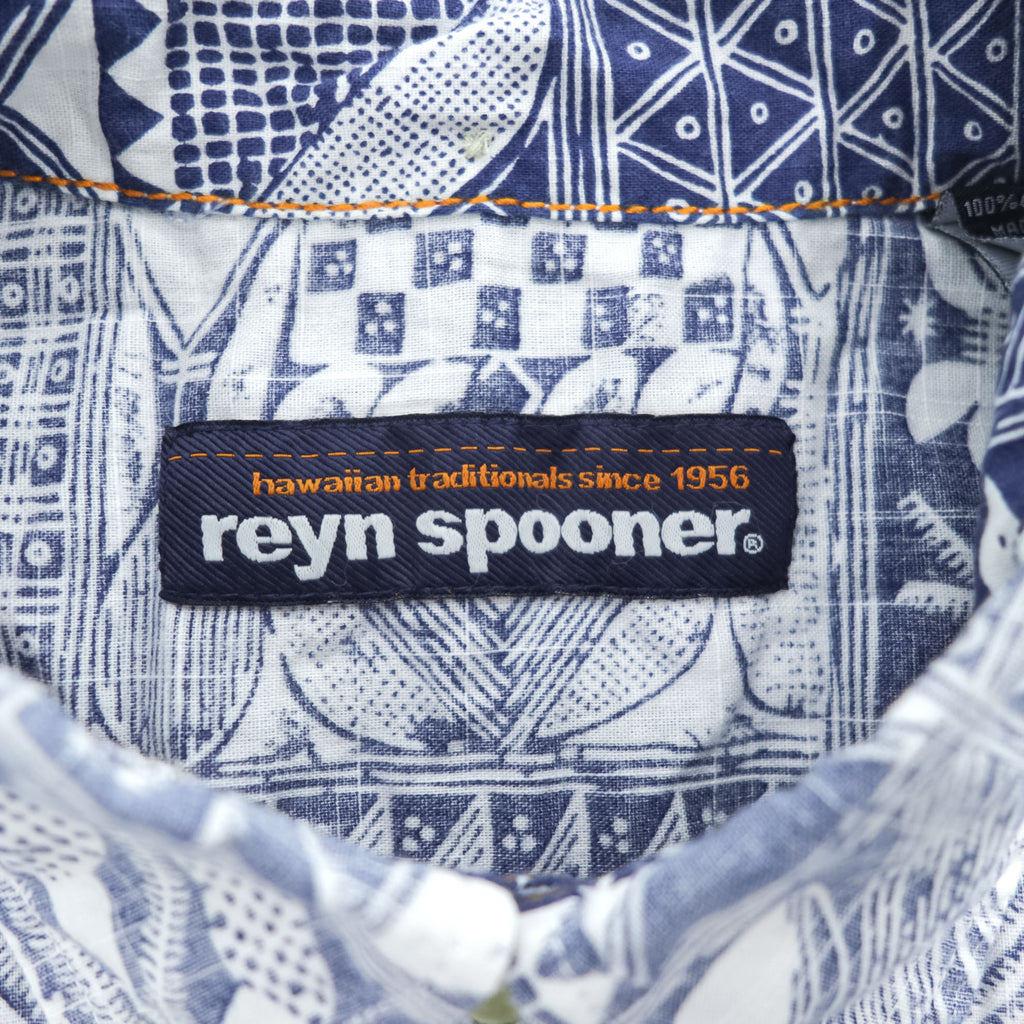 Reyn Spooner Short Sleeve Button-Down Hawaiian Aloha Shirt Patchwork Tile Print Blue/White 100% Cotton Size M