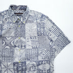 Reyn Spooner Short Sleeve Button-Down Hawaiian Aloha Shirt Patchwork Tile Print Blue/White 100% Cotton Size M