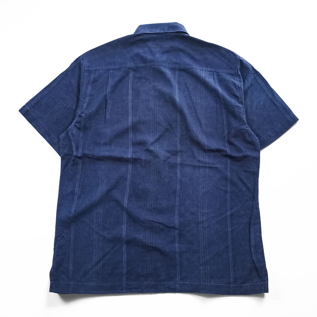 Tommy Bahama Short Sleeve Shirt Navy slub/linen-look, tonal floral vertical panels, coconut-style buttons